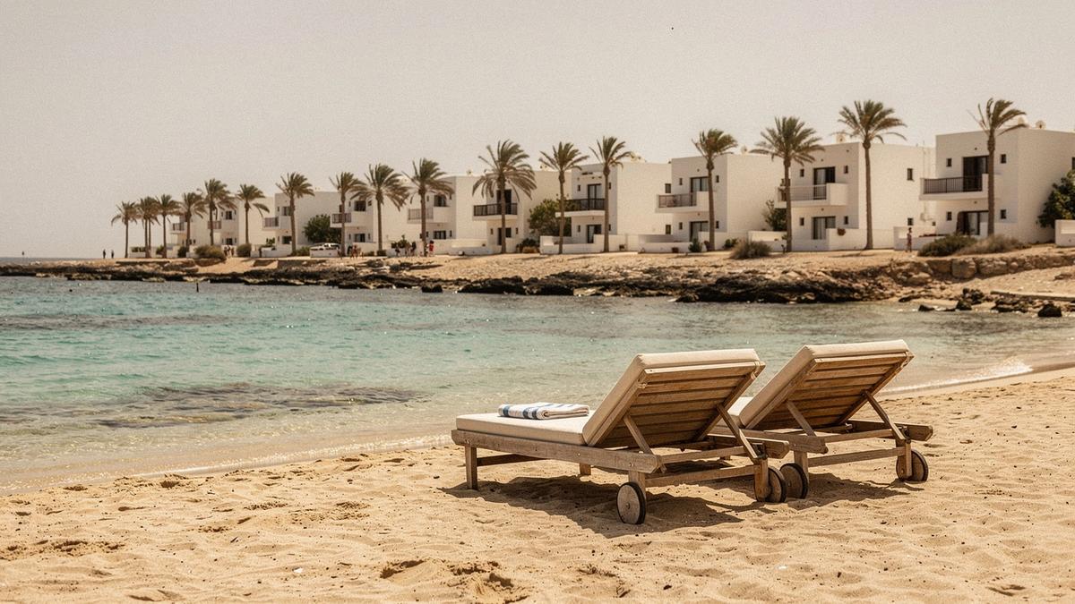 Shallow turquoise bay beside a low white beach resort with palms and two sun loungers on warm sand