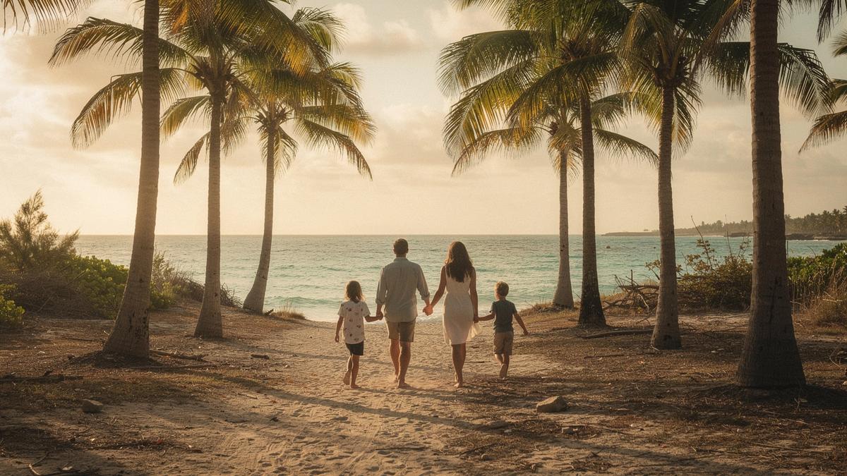 Family walking a palm-lined sandy path toward a calm sea at golden hour